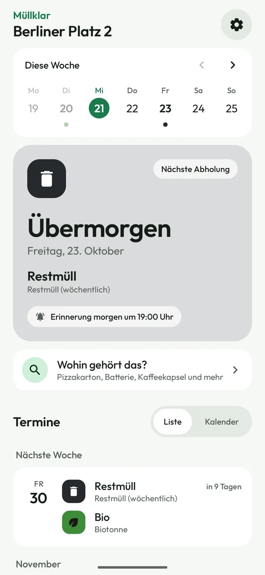 Startbildschirm der Müllklar-App: Wochenleiste und nächste Abholung