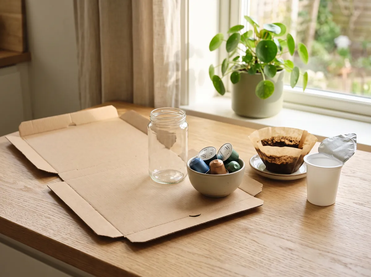 Pizzakarton, Glas, Kaffeekapseln und Joghurtbecher auf einer Küchenarbeitsplatte