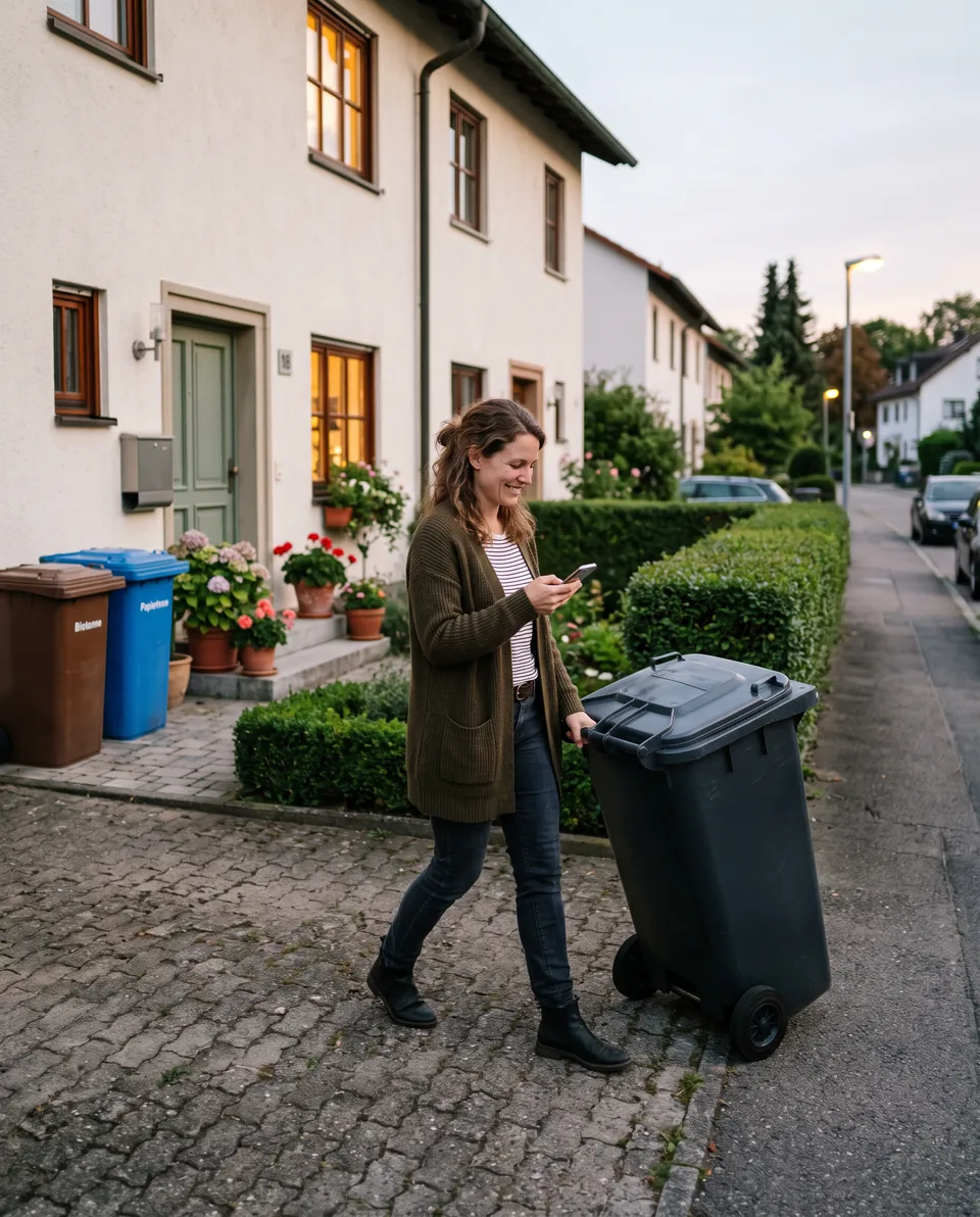 Eine Frau rollt am Abend die Restmülltonne an die Straße und schaut dabei auf ihr Handy